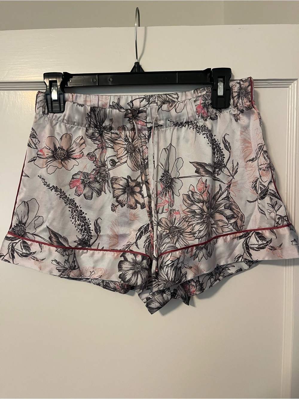 Victoria's Secret White Floral High-Waist Satin Lounge Shorts with Pink Trim